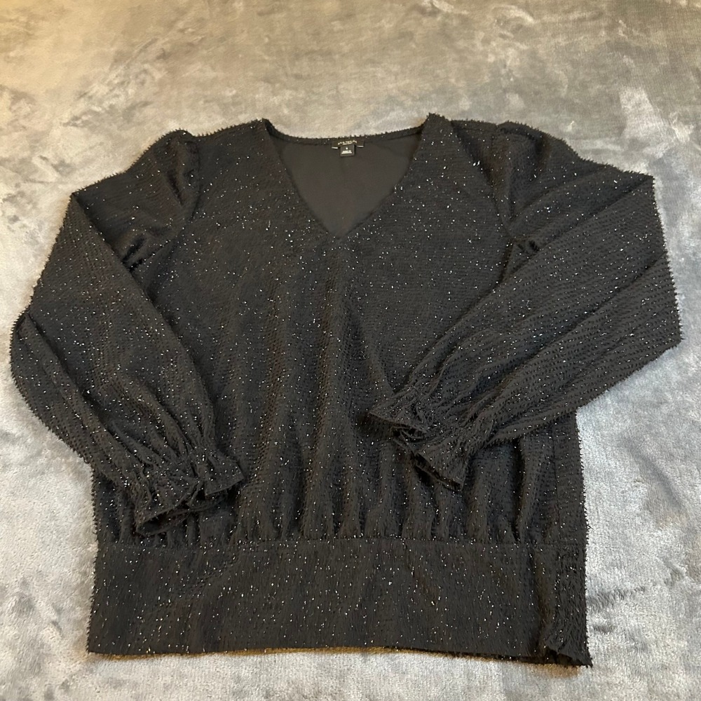 Ann Taylor‎ Factory Sparkle Blouse V-Neck Long Sleeve Top Black Womens Small
